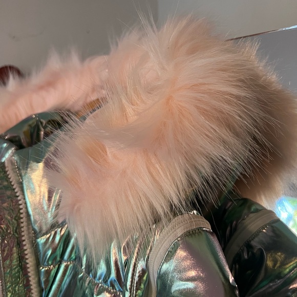 Dolls Kill Iridescent Ski Suit with Pink faux fur, Can detach lower legs NWT - Picture 4 of 12